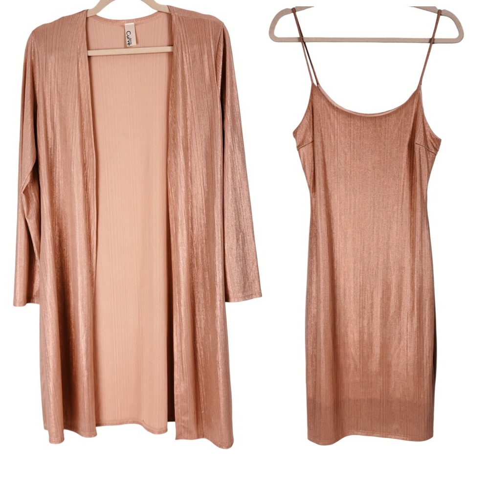 Kimcine Curve Rose Gold Metallic Ribbed‎ Dress and Cardigan Set Size L Made USA
